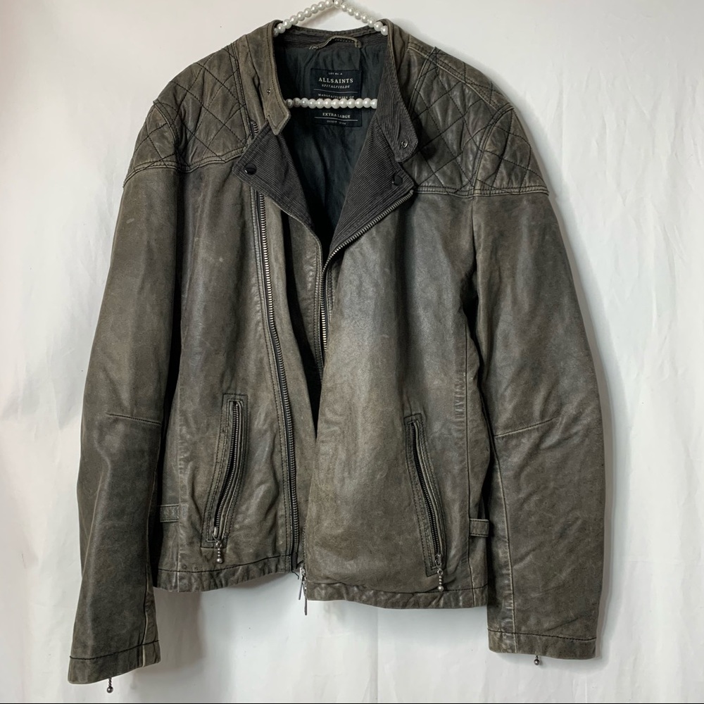 All Saints Convey Leather Biker Jacket Gray XL.Great condition worn maybe 10-15x